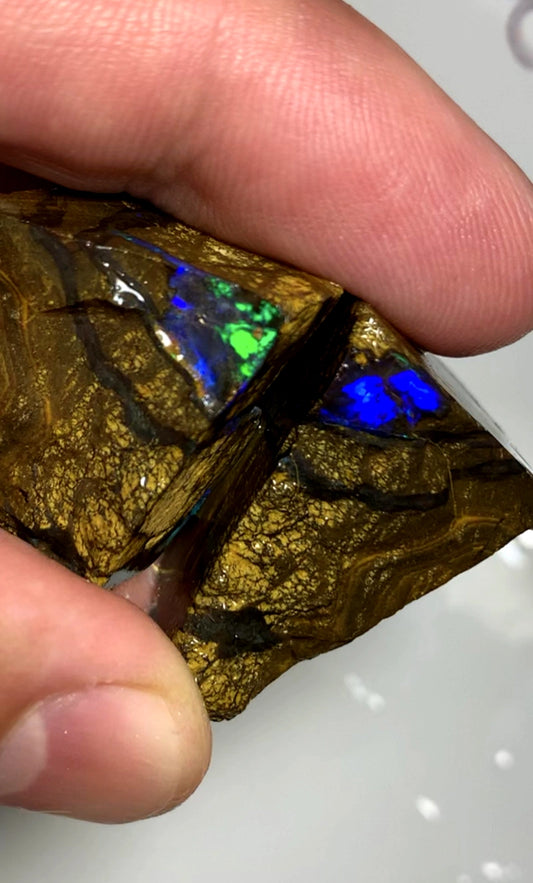 Queensland Boulder opal pair 150cts Winton Bright Fires showing 30x22x18mm & 32x20x16mm BFC59