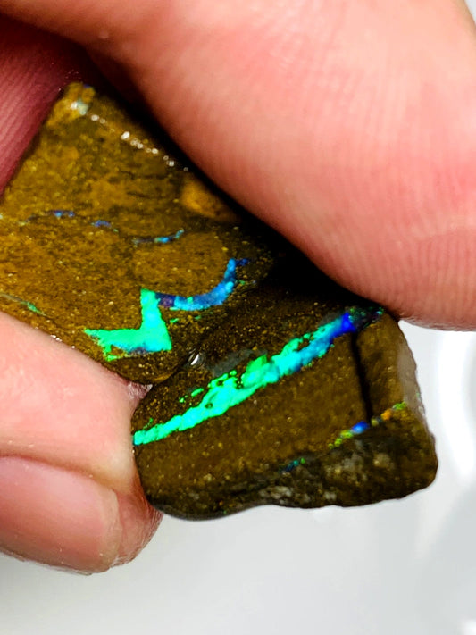 Queensland Boulder opal pair 16.75cts Winton Bright Neon Multifires showing 16x14x4mm & 14x14x3mm BFC60