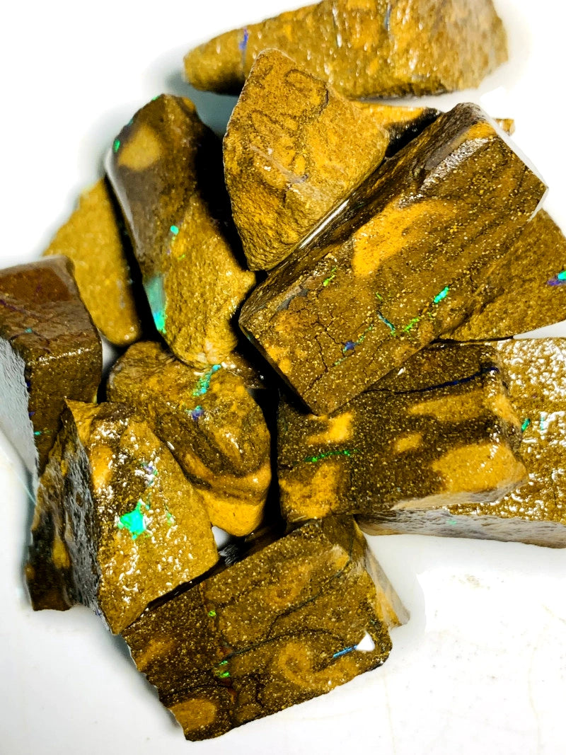 Queensland Boulder opal Gamble parcel 240cts Winton Fires / Multifires showing 22x12x8mm to 15x12x6mm BFC58