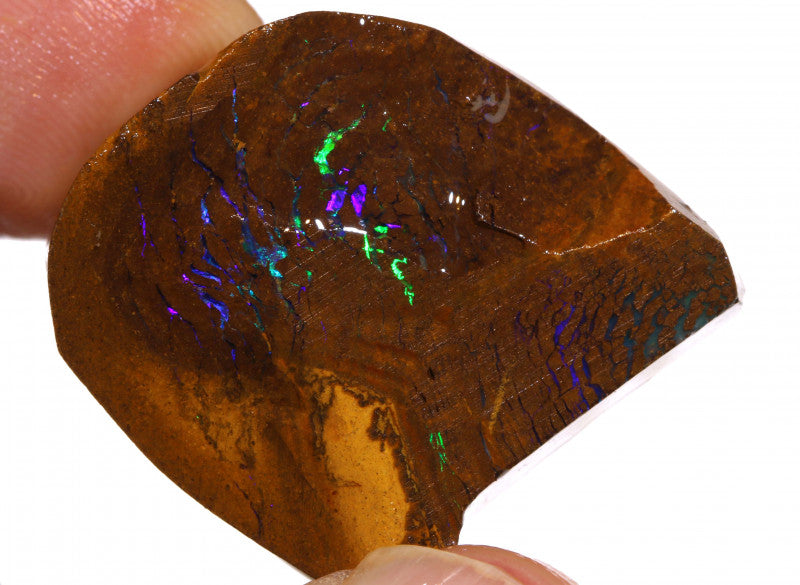 Australian Queensland Boulder Matrix opal 82cts faced/rough Koroit Stunning Exposed veins of Bright Vibrant purple/blue/green fires 27x27x11mm BFA15