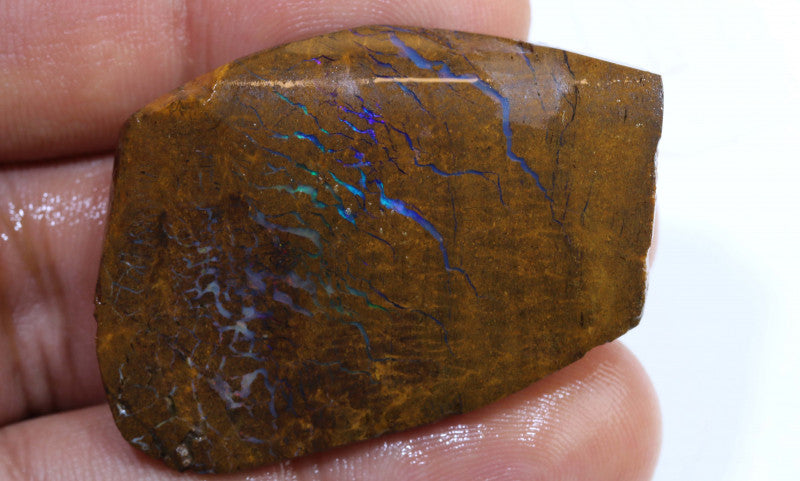 Australian Queensland Boulder Matrix opal 91cts faced rough Koroit veins of Blue fires of mixed tones 40x30x7mm BFA10