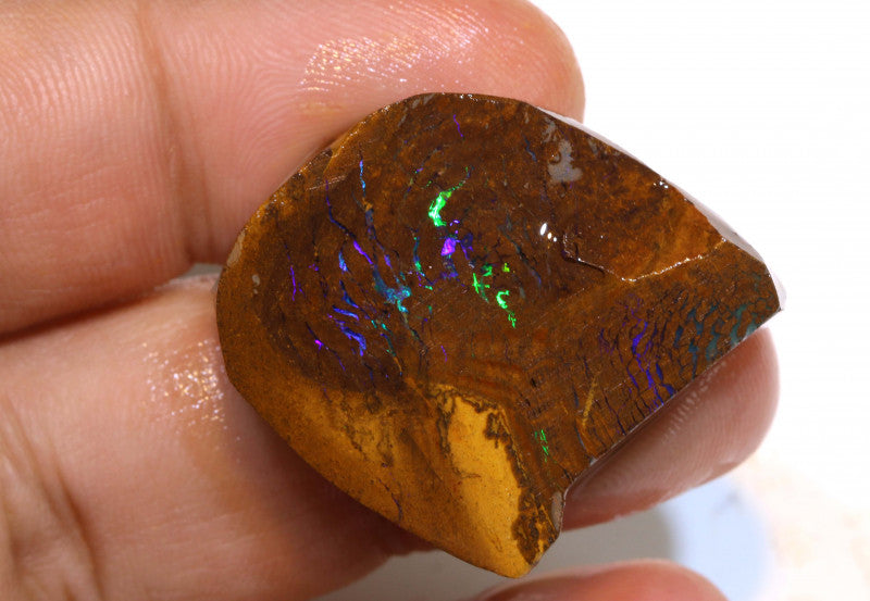 Australian Queensland Boulder Matrix opal 82cts faced/rough Koroit Stunning Exposed veins of Bright Vibrant purple/blue/green fires 27x27x11mm BFA15