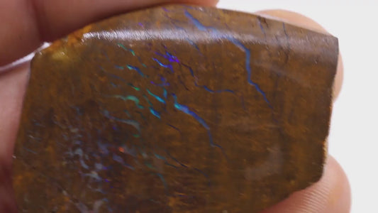 Australian Queensland Boulder Matrix opal 91cts faced rough Koroit veins of Blue fires of mixed tones 40x30x7mm BFA10